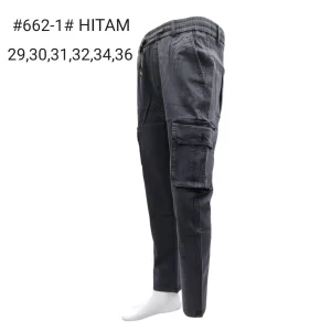 Celana pria kargo pinggang karet bahan kanvas stret kaki polos khusus hitam 662-1